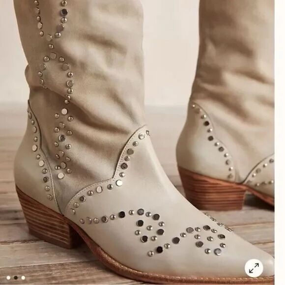 Free People Joelton Studded Western Boots tan and Lt Grey Leather EU 37 US 7 - Picture 2 of 9